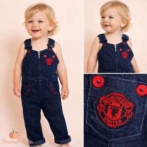 True Religion Manchester United Toddler Denim Overalls 2T Red Logo Soccer Outfit